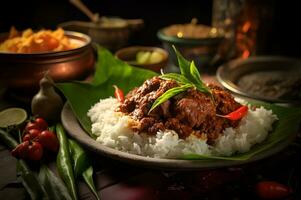 Rendang Padang Cuisine Served With Steaming Rice photo