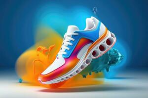 Creative bright colorful sneakers on abstract background. Generative AI photo