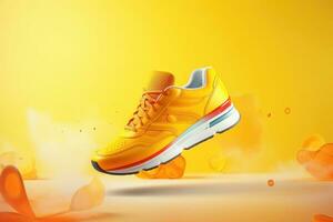 Creative bright colorful sneakers on abstract background. Generative AI photo