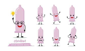 cute condom cartoon with many expressions. contraceptive different activity pose vector illustration flat design set.