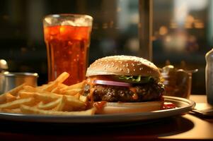 A burger on plate with cola drink photo