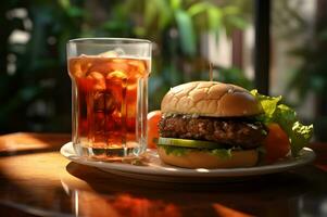 un hamburguesa en plato con reajuste salarial bebida foto