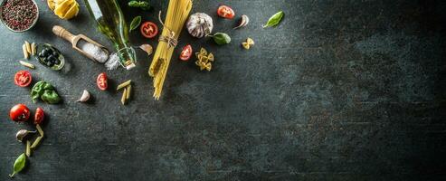 Top of view ingredients of the italian or mediterranean cuisine. photo