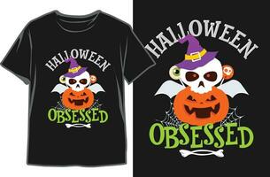 Halloween Obsessed Black T-shirt Design Vector. Halloween Pumpkin, Skull, Bat. vector