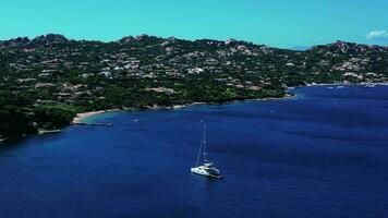 Aerial orbiting view of a catamaran in Sardinia video