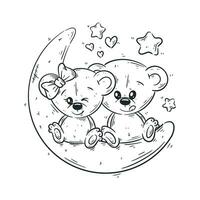 Two cute bears sitting on the moon for coloring vector