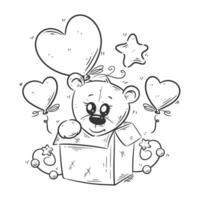 Cute bear is in the box with balloons for coloring vector