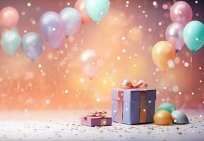 Gift box pastel background with party lights and balloons photo