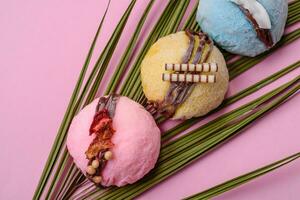 Delicious sweet colorful mochi desserts or ice cream with rice dough and toppings photo