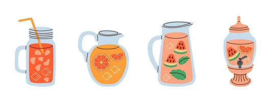 Set of lemonade jugs with ice cube and various fruits. Refreshing drink with mint leaves in pitcher with straw. Flat vector illustration.