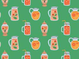 Seamless pattern of lemonade jugs with ice cube and various fruits. Refreshing drink with mint leaves in pitcher with straw. flat vector illustration.