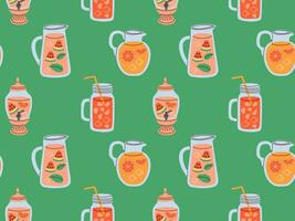 Seamless pattern of lemonade jugs with ice cube and various fruits. Refreshing drink with mint leaves in pitcher with straw. flat vector illustration.