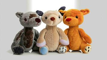 cutout set of 3 stuffed animal toys isolated on white background. Ai Generative. photo