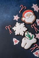 hermosa festivo Navidad pan de jengibre hecho por mano con decoración elementos foto
