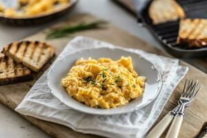 Smooth scrambled eggs and crunchy toasts served in a plate with cutlery on the side photo