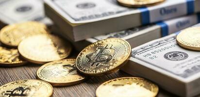 Gold Bitcoins on American Banknotes. Online trading between US currency and cryptocurrency. photo