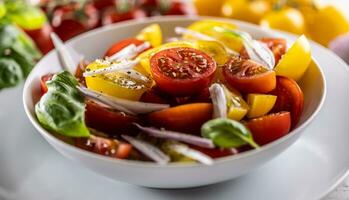 Fresh tomato salad with red onion and olive oil photo