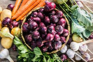 Red onion in bronze bowl garlic carrot potatoes celery herbs and kohlrabi on garden table - Top of view. Close-up fresh healthy vegetable photo