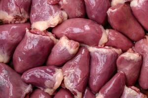 Fresh raw chicken or turkey hearts in a ceramic plate with salt, spices and herbs photo