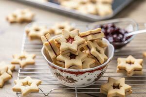 Tea biscuits glued with jam in a Christmas bowl photo