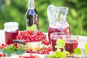 A selection of redcurrant products - marmalade jam syrup must and red vine on table in garden photo