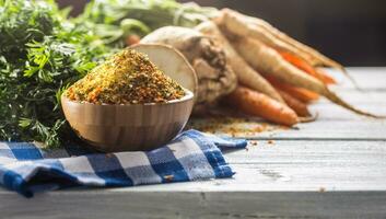 Seasoning spices condiment vegeta from dehydrated carrot parsley celery parsnips and salt with or without glutamate photo