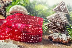 Christmas. Christmas ribbon pastry gingerbread and decoration in snowy atmosphere photo