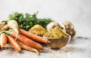 Seasoning spices condiment vegeta from dehydrated carrot parsley celery parsnips and salt with or without glutamate photo