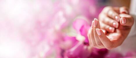 Closeup shot of beautiful female dands with nails of france mani photo