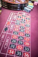 Roulette table in a casino with wheel and chips photo