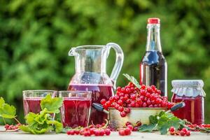 A selection of redcurrant products - marmalade jam syrup must and red vine on table in garden photo