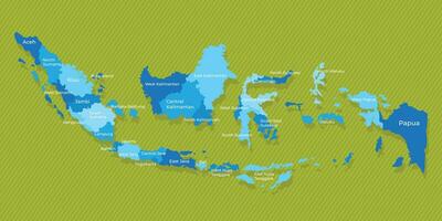 Indonesia mapa con nombres de el regiones azul político mapa verde antecedentes vector ilustración