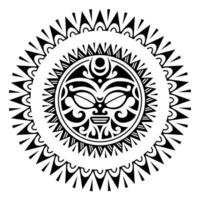 Round tattoo ornament with sun face maori style. African, aztecs or mayan ethnic mask. Black and white vector