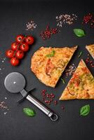 Delicious oven fresh flatbread pizza with cheese, tomatoes, sausage, salt and spices photo