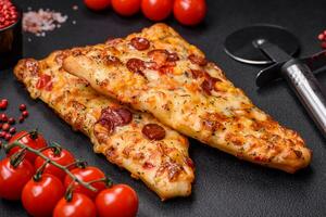 Delicious oven fresh flatbread pizza with cheese, tomatoes, sausage, salt and spices photo