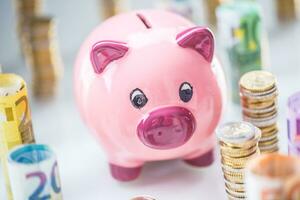 Pink piggy bank in the middle of rolled euro banknotes and towers with coins photo