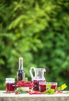 A selection of redcurrant products - marmalade jam syrup must and red vine on table in garden photo