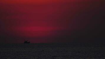 vistoso puesta de sol a el mar. majestuoso verano paisaje. carga Embarcacion en el horizonte video