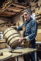 Wooden barrels producer evaluates the quality of finished product in his hands photo