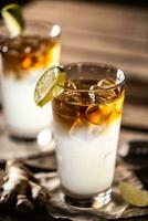 Dark n Stormy highball cocktail served as a long drink with rum, fresh lime juice, and ginger beer photo