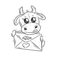 Cute cow carrying a love card for coloring vector