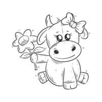 Cute cow wearing hair band and carrying flowers for coloring vector