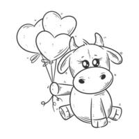 Cute cow carrying a heart shaped balloon for coloring vector