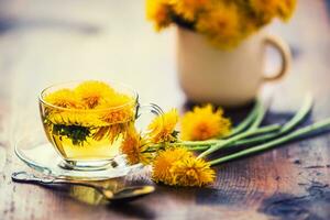 Cup of dandelion tea on rustic wooden table photo