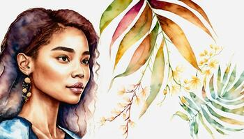 Watercolor art, portrait of beautiful young model. Asian women with tropical foliage. AI Generative photo