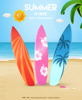 zomer poster sjabloon met 3d renderen surfplanken Aan de strand met zee achtergrond psd