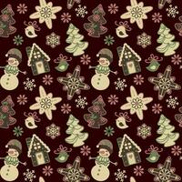 Christmas pattern for fabric, wallpaper, apparel. Illustration a gingerbread house,  christmas cookies, snowflake, snowman, christmas tree. Seamless pattern, vector. vector