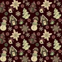 Christmas pattern for fabric, wallpaper, apparel. Illustration a gingerbread house,  christmas cookies, snowflake, snowman, christmas tree. Seamless pattern, vector. vector