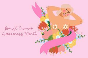 Breast Cancer Awareness Month.Illustration with Ribbon Pink, flowers and Woman for Disease Prevention Campaign or Healthcare vector