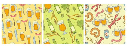 Set of seamless patterns with beer and snacks. Vector graphics.